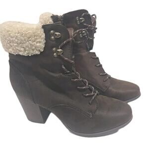 XOXO Maddie-21 Brown Faux Leather Lace-Up Heeled Ankle Boots Women's 10M Fleece
